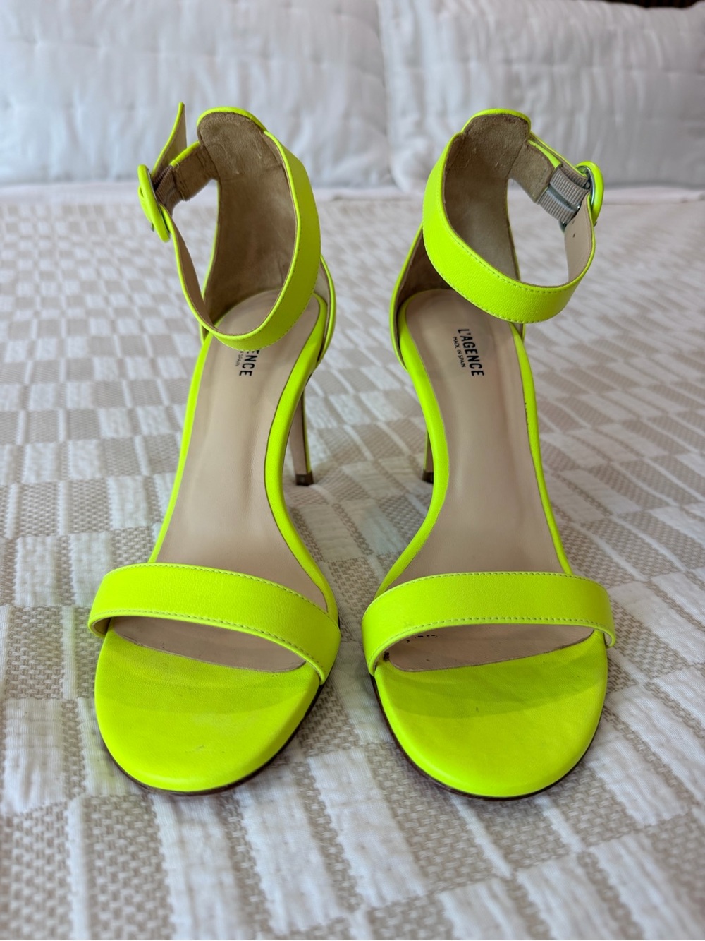 L'AGENCE Neon Yellow Open-Toe Ankle-Strap Stilettos